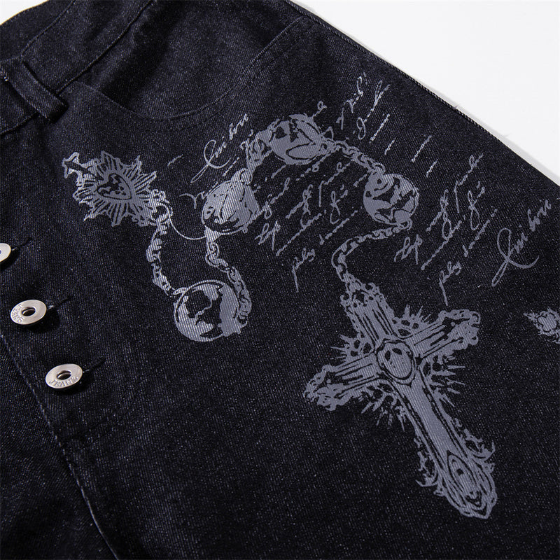 Wide-Leg Jeans – Gothic Cross & Sword Print Black Denim, Baggy High-Street Fit