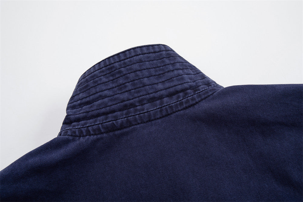 Men's Vintage Washed Stand-Collar Zip Jacket with Deconstructed Panel Seaming