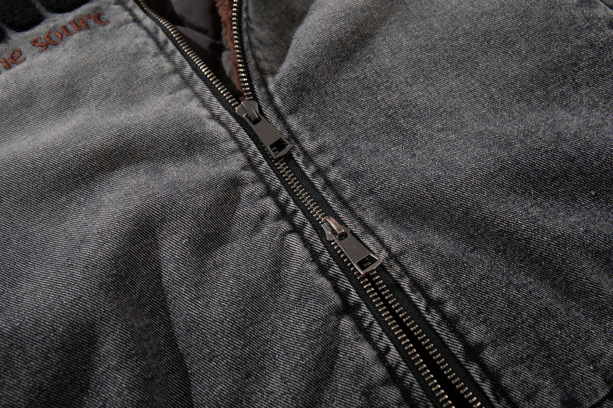 Washed Denim Padded Hoodie Jacket with Embroidered Logo & Sherpa Collar