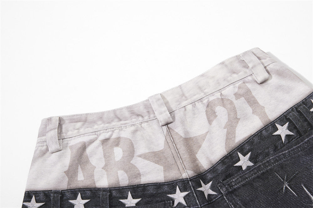 Wide-Leg Distressed Jeans with Faux Double Waistband & Star Detail