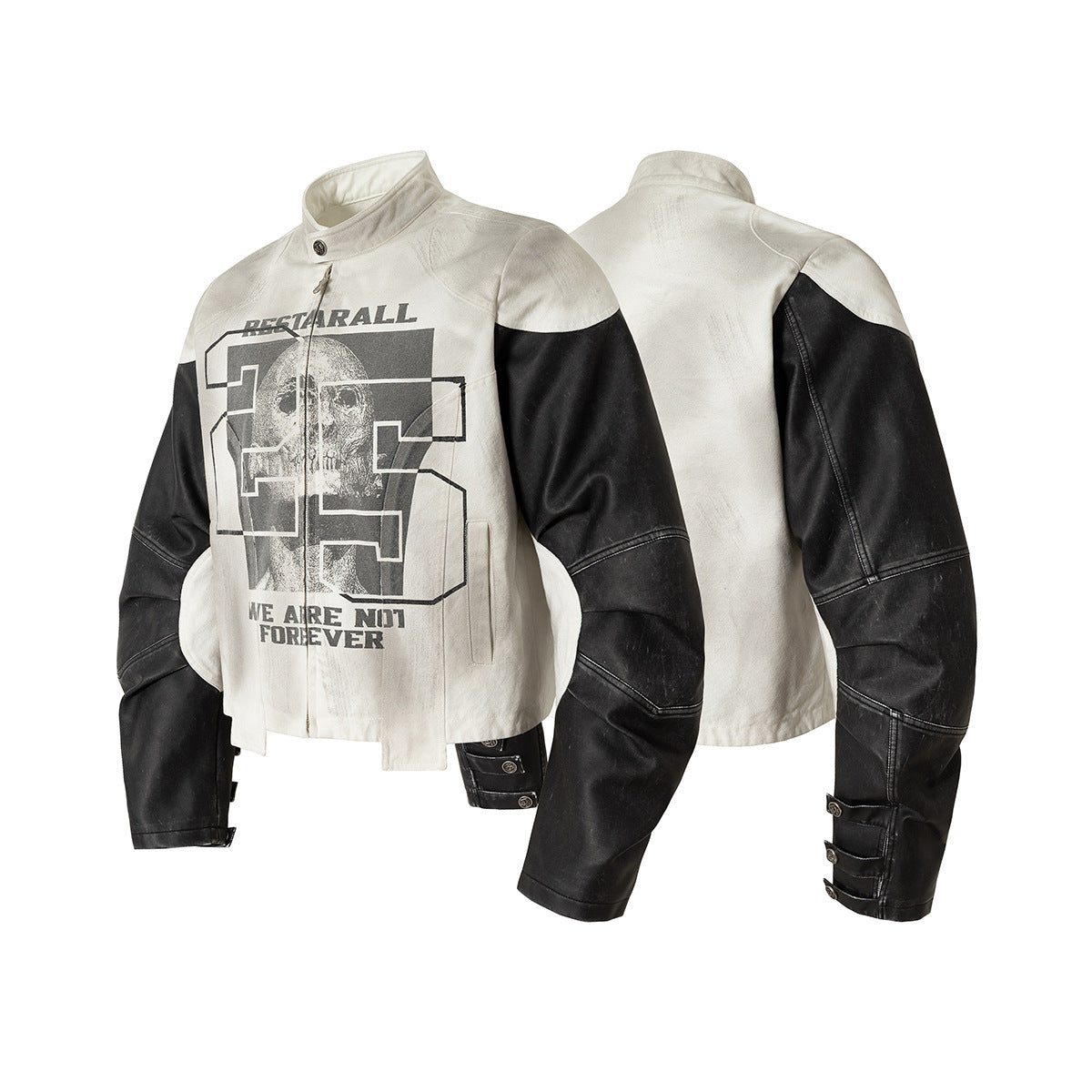 Veste moto à imprimé tête de mort – Blouson biker à col montant et manches bicolores en similicuir PU