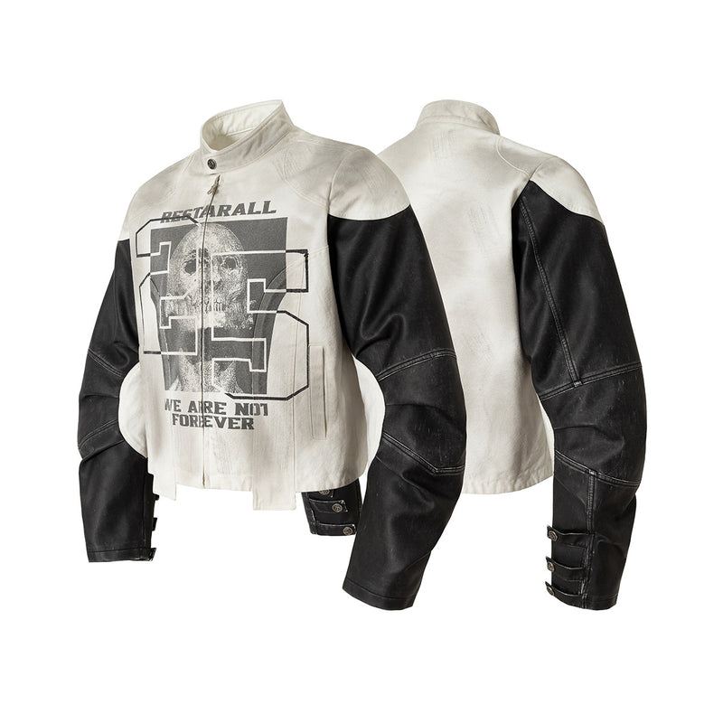 Veste moto à imprimé tête de mort – Blouson biker à col montant et manches bicolores en similicuir PU