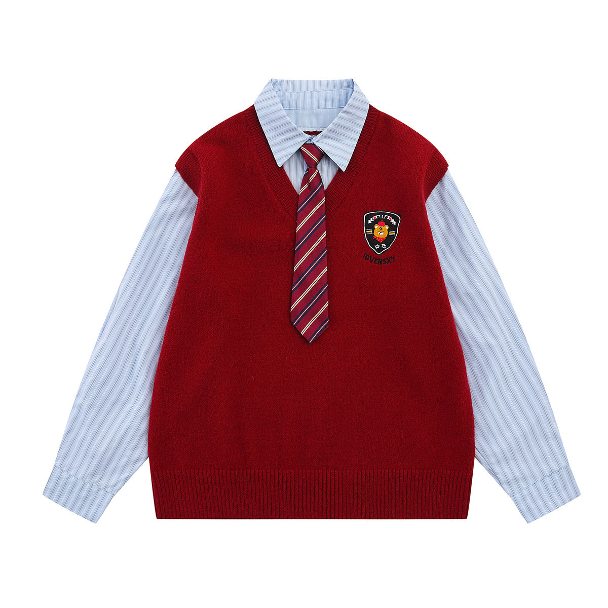Campus-Style Knit Sweater Vest Layered Shirt with Badge Patch and Striped Tie