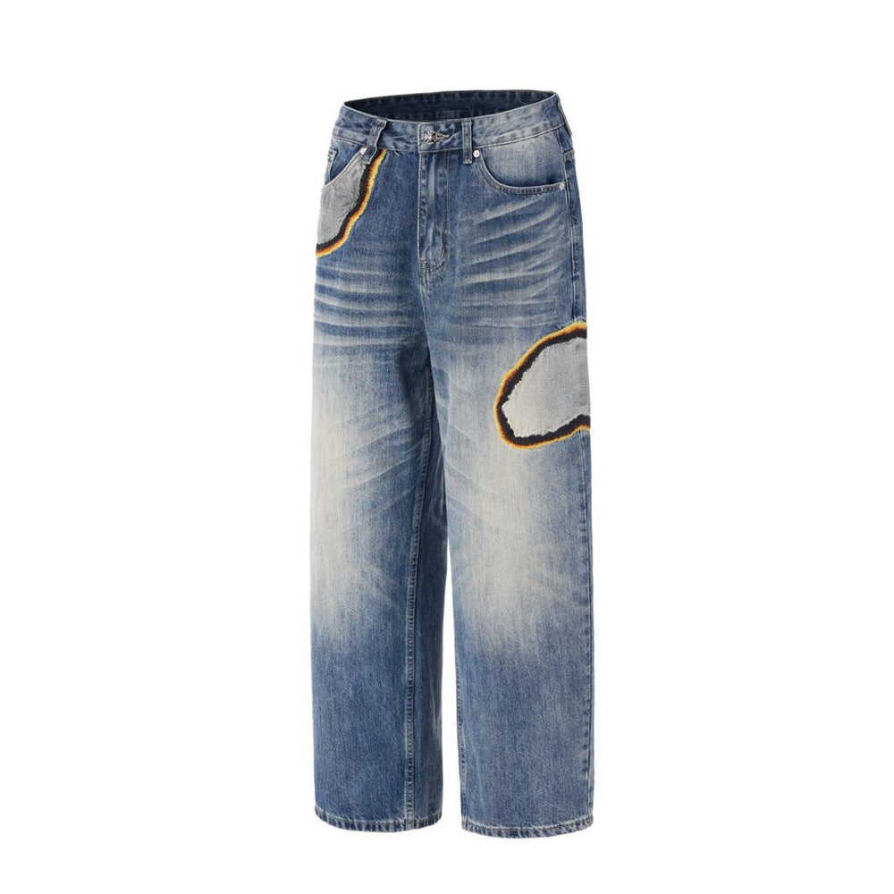 Men's Baggy Straight-Leg Jeans with Embroidered Patch Detail – Distressed Blue
