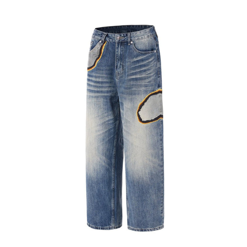 Men's Baggy Straight-Leg Jeans with Embroidered Patch Detail – Distressed Blue