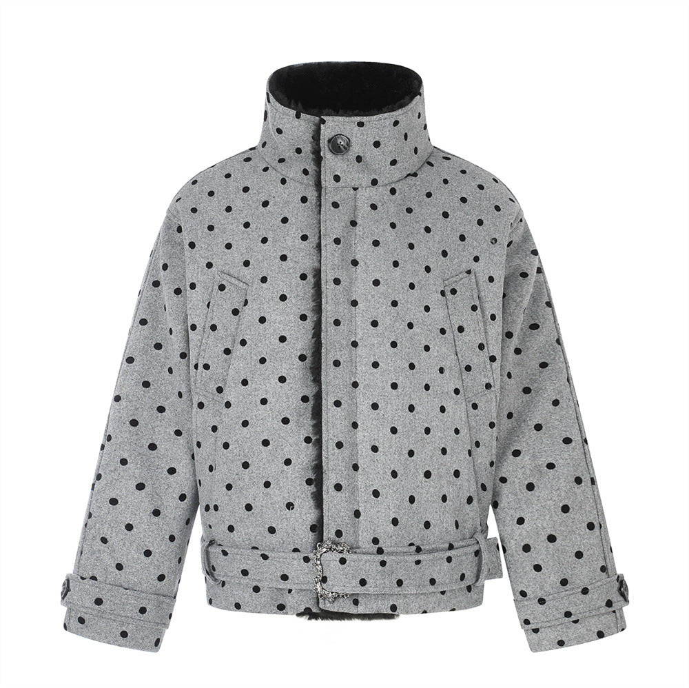 Polka Dot Wool-Blend Jacket Men – Fur Collar, Padded, Stand Collar with Belt