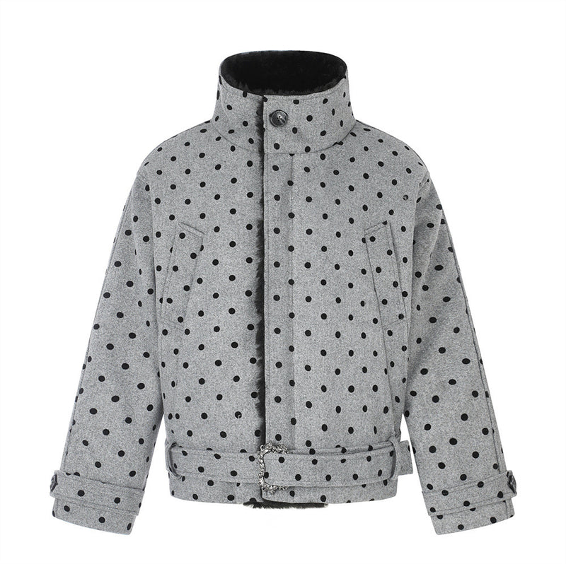 Polka Dot Wool-Blend Jacket Men – Fur Collar, Padded, Stand Collar with Belt