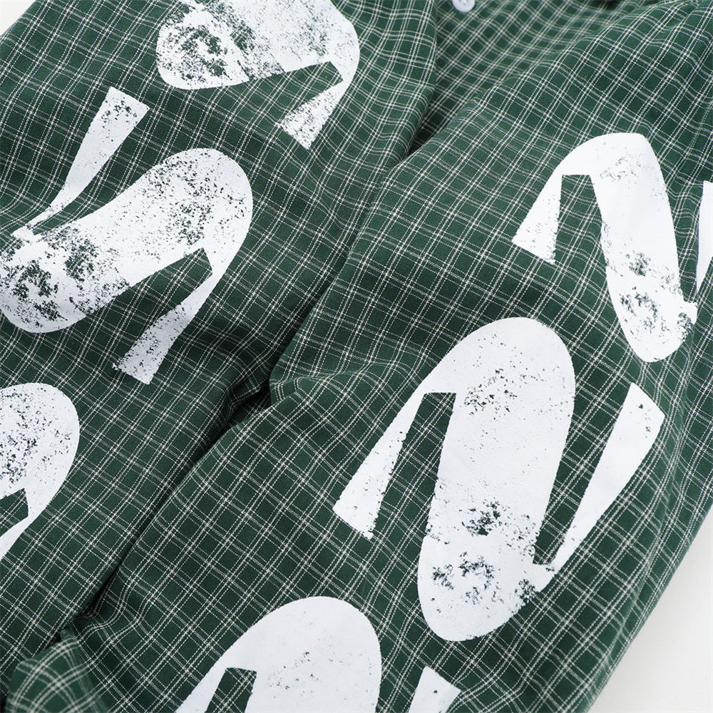 Men's Oversized Plaid Graphic Button-Up Shirt – Vintage Distressed Print Long