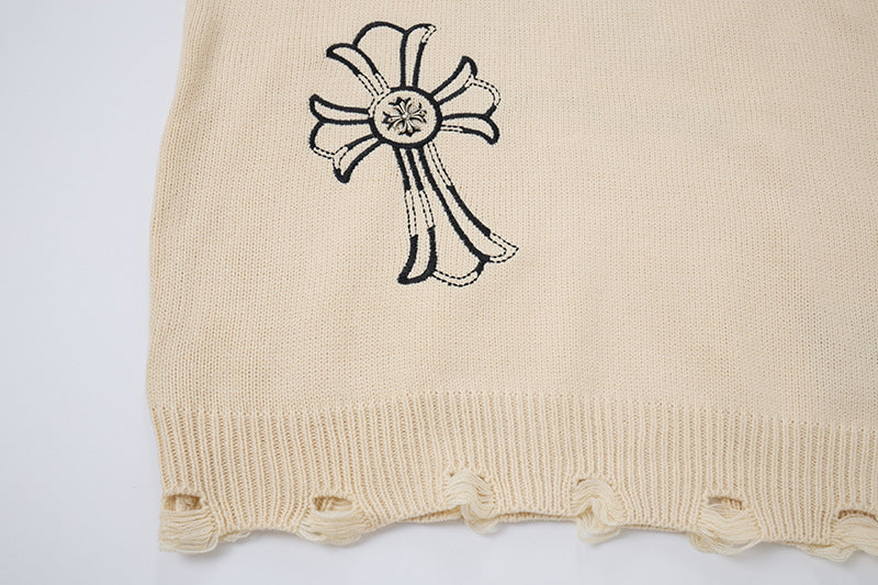 Pull en maille destroy à broderies croisées – Sweat oversize à col rond
