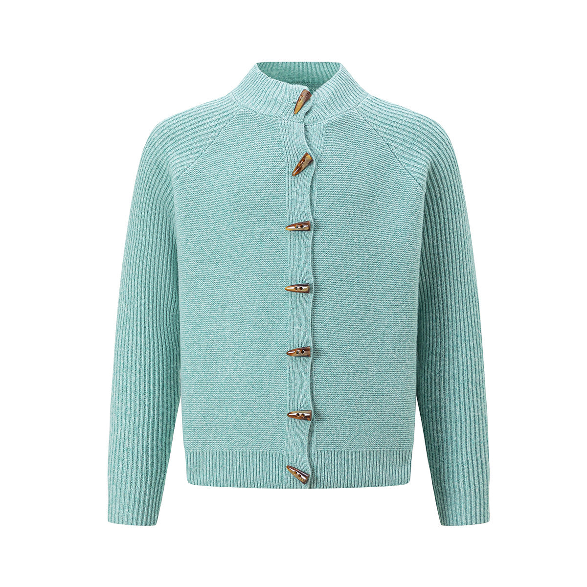 Mock neck knit cardigan sweater with horn toggle buttons in mint green, shown front view