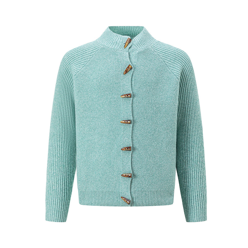 Mock neck knit cardigan sweater with horn toggle buttons in mint green, shown front view