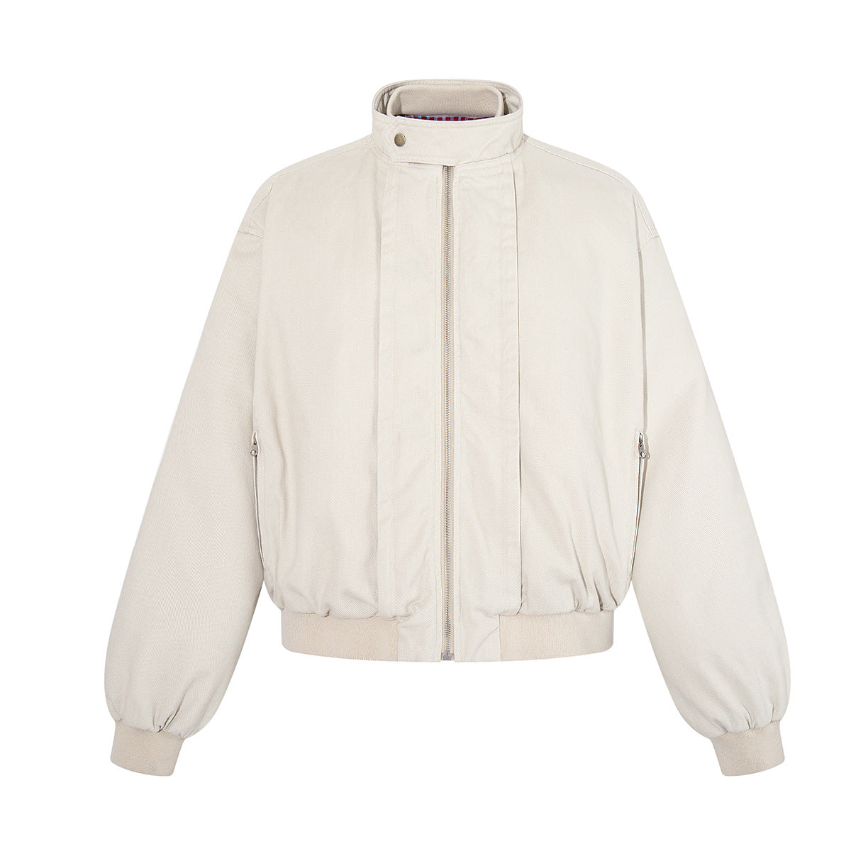 Men's oversized cream padded bomber jacket with stand collar, full-zip front, and ribbed hem, shown front and back