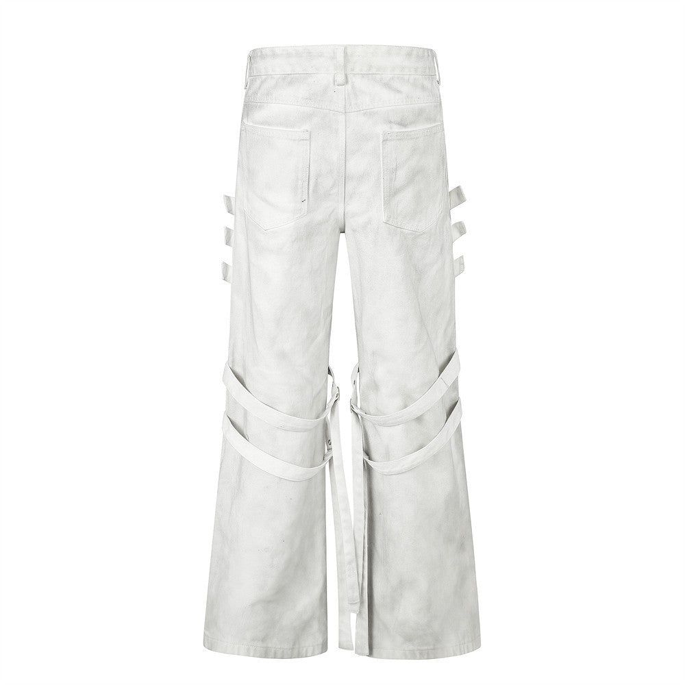 Men's Bell Bottom Jeans with Gothic Harness Straps, Metal Eyelets & Ribbon