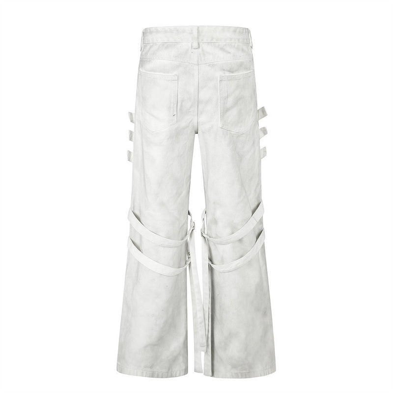 Men's Bell Bottom Jeans with Gothic Harness Straps, Metal Eyelets & Ribbon