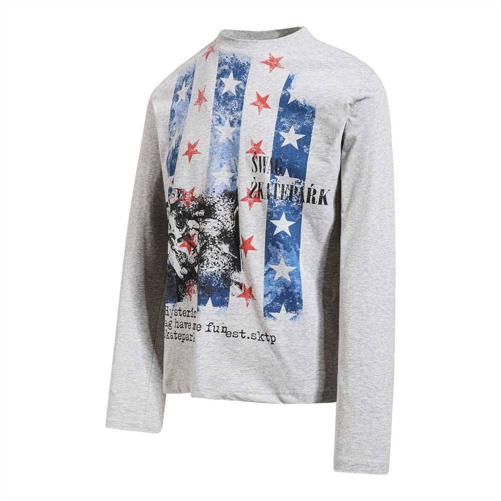 Men's Graphic Long Sleeve T-Shirt – Stars & Stripes Skatepark Print, Mock Neck