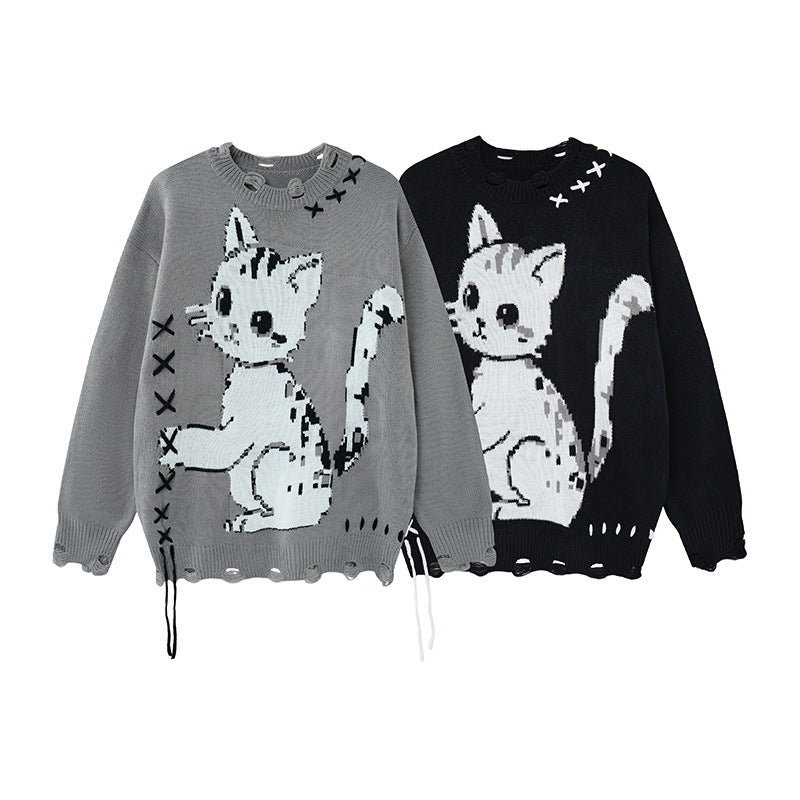 Pull en maille effet usé motif chat – Col rond oversize avec point de croix