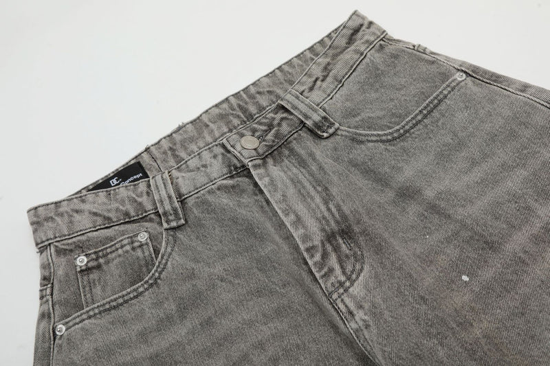 Jean baggy à jambes larges – Denim gris délavé à l’acide avec éclaboussures de peinture