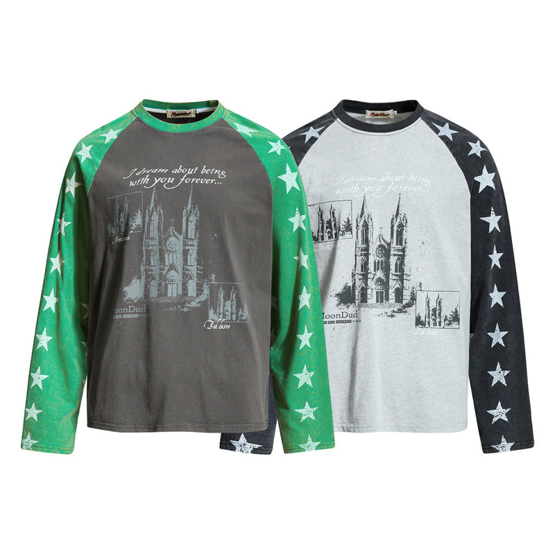 Cathedral Graphic Raglan Long Sleeve Tee with Star-Print Sleeves