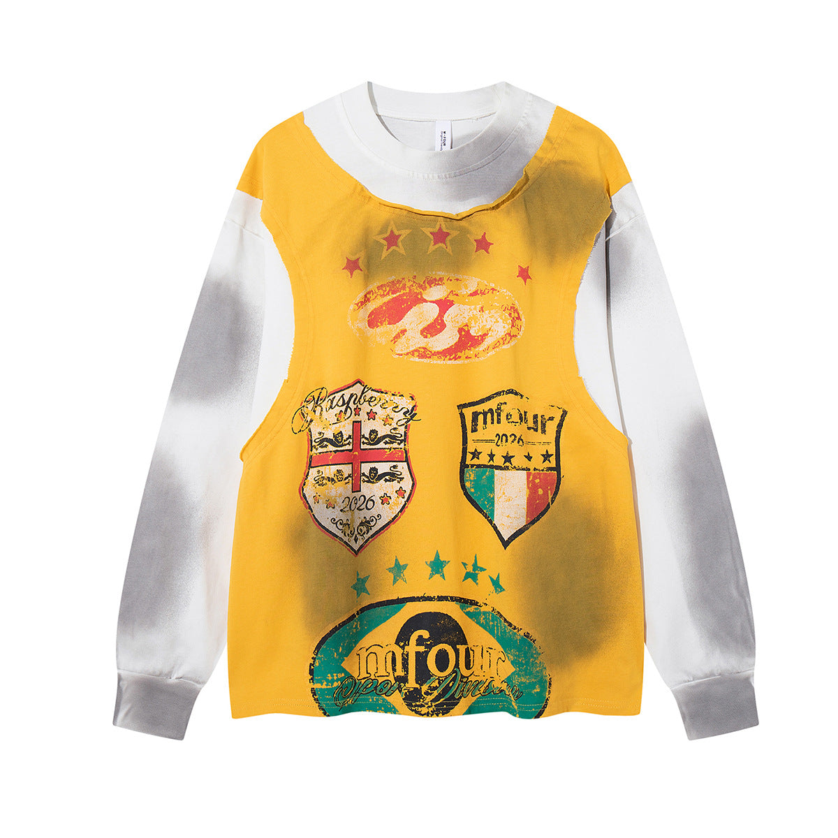 Tee-shirt graphique à manches longues imitation deux pièces – Imprimé écusson rétro streetwear