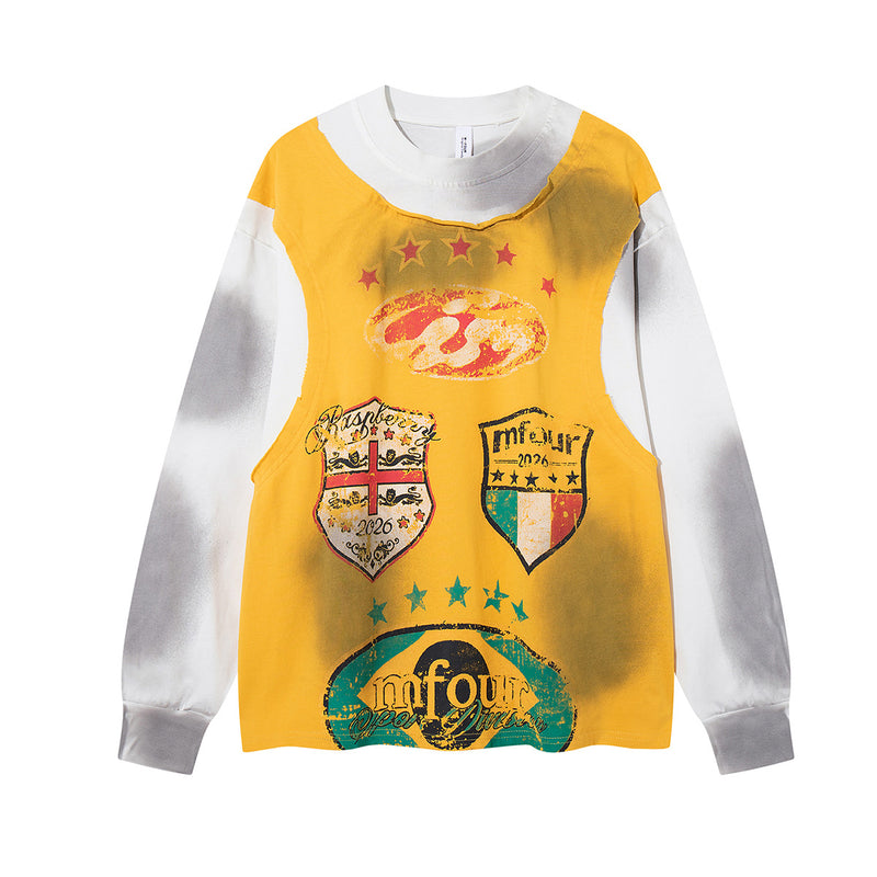 Tee-shirt graphique à manches longues imitation deux pièces – Imprimé écusson rétro streetwear