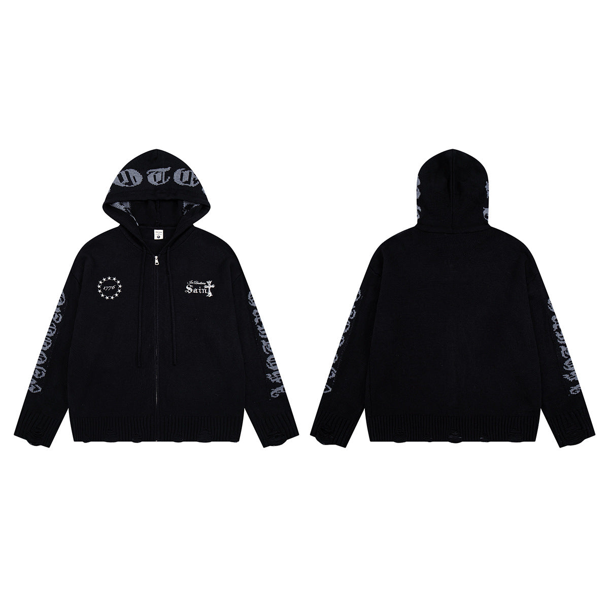 Sudadera de punto con cremallera y cruz gótica – Cárdigan de streetwear americano desgastado