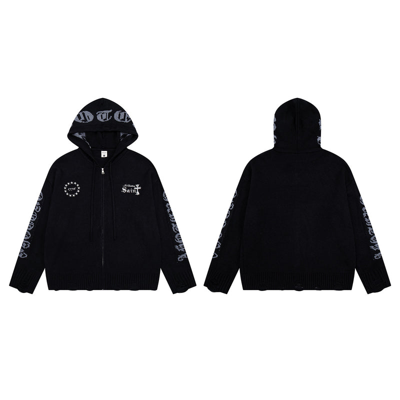 Sudadera de punto con cremallera y cruz gótica – Cárdigan de streetwear americano desgastado