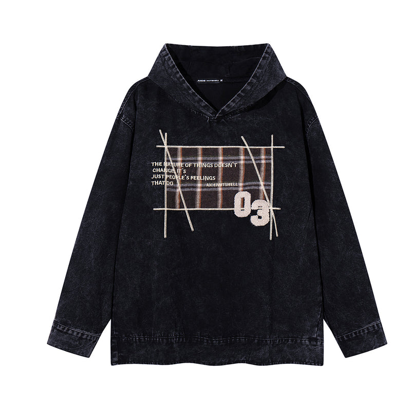 チェック柄パッチ刺繍フーディー ― アシッドウォッシュ vintageストリートウェアプルオーバー