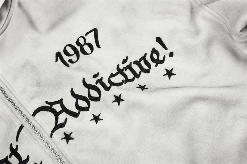 Distressed Tie-Dye Zip-Up Hoodie with Stripe Sleeves & Gothic Letter Graphic