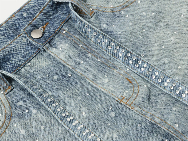 Y2K Baggy Jeans Mens Wide-Leg Rhinestone Embellished Denim Pants