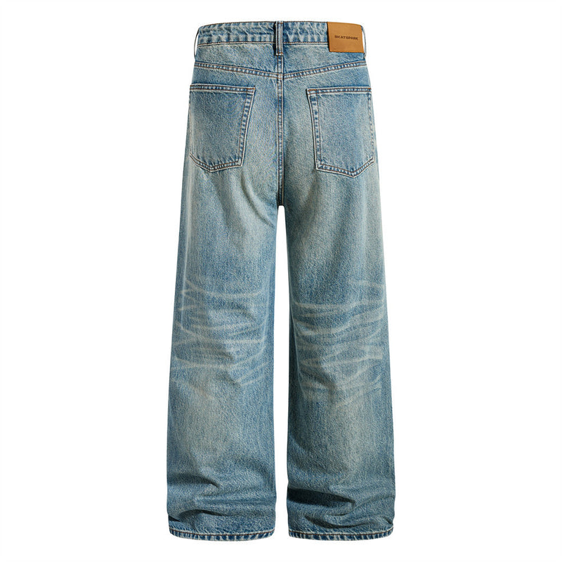 Men's Straight Fit Jeans Baggy Wide-Leg Washed Vintage Light Blue Denim