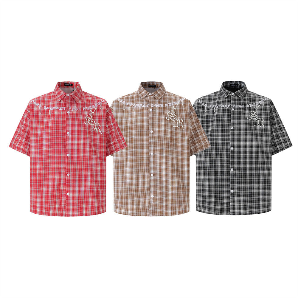 Oversized Plaid Short-Sleeve Shirt with Pearl Star Embroidery