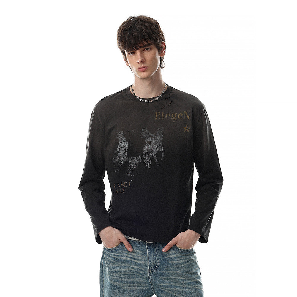 Men's black acid-washed long sleeve crewneck t-shirt with distressed horse-rider graphic print and slash-cut neckline detail