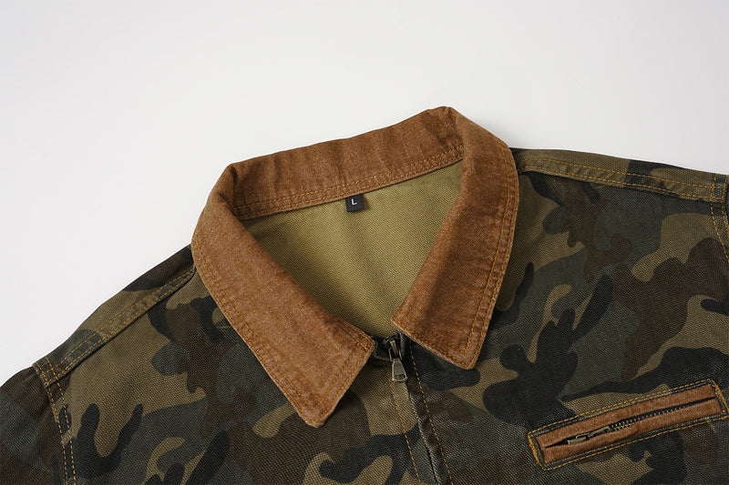 Veste de travail zippée en toile camouflage avec col en velours côtelé