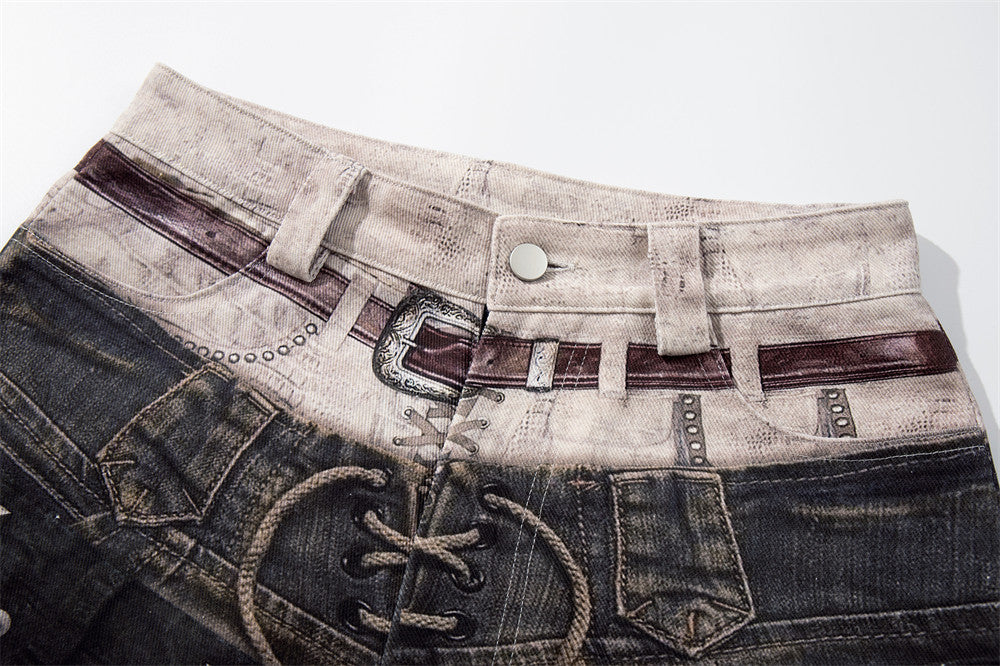 Wide-Leg Jeans with Faux Double Waistband, Rope Lace-Up & Distressed Patchwork