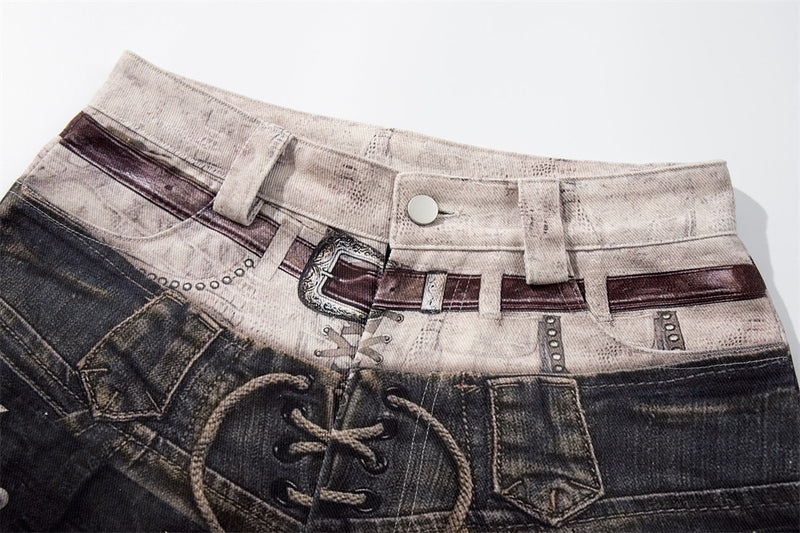 Wide-Leg Jeans with Faux Double Waistband, Rope Lace-Up & Distressed Patchwork