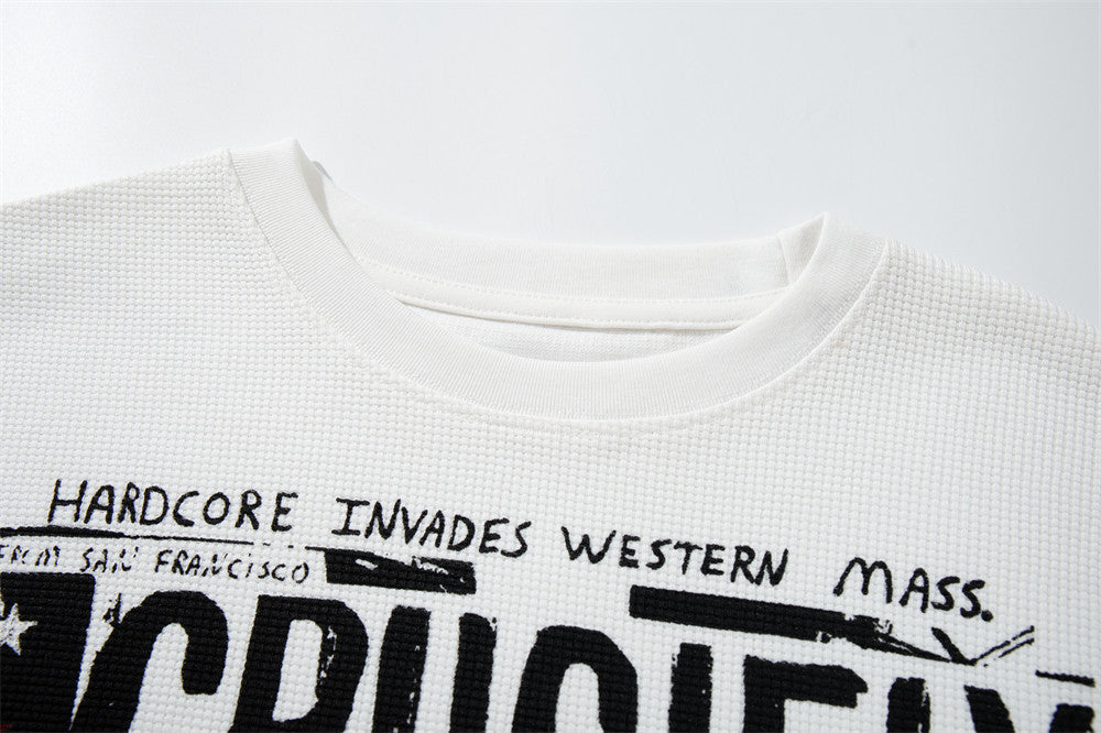 Crucifix Hardcore Graphic Long Sleeve Waffle-Knit Tee – White Star Print