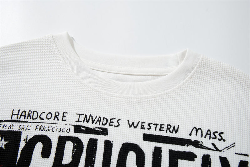 Crucifix Hardcore Graphic Long Sleeve Waffle-Knit Tee – White Star Print