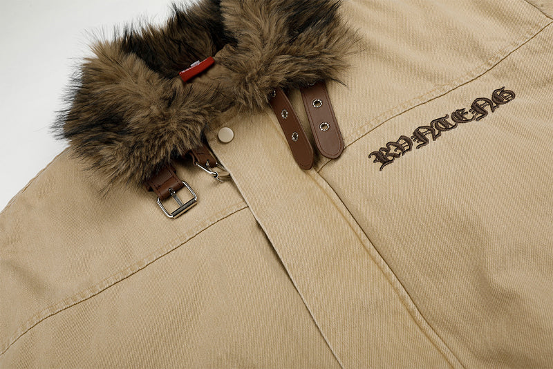 Fur Collar Bomber Jacket with Gothic Letter Embroidery & Quilted Lining