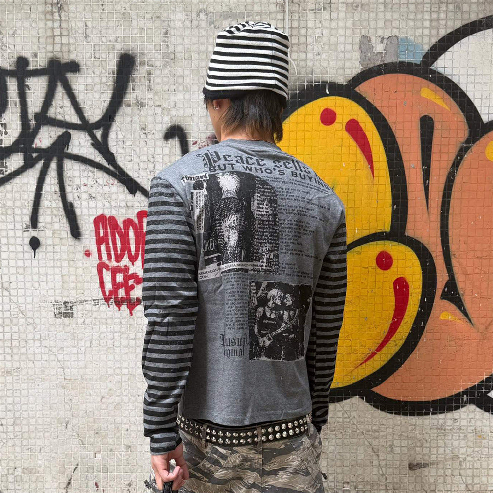 Men's Gothic Letter Print Long-Sleeve Tee with Striped Sleeve Splice