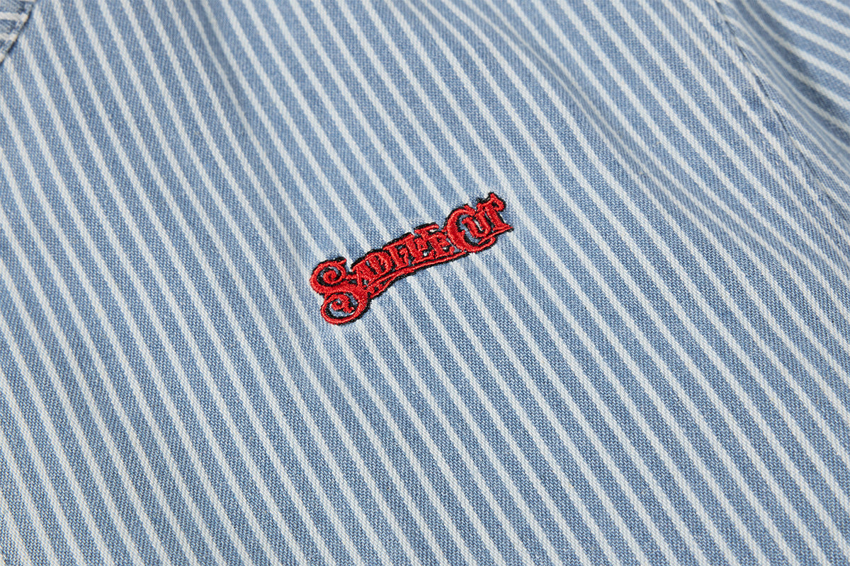 Striped Denim Bomber Jacket Stand Collar Embroidered Retro Boxy Fit