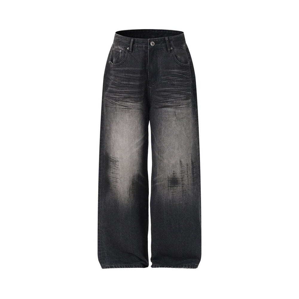 Wide-Leg-Baggy-Jeans – Verwaschene schwarze Distressed-Denim-Herrenjeans
