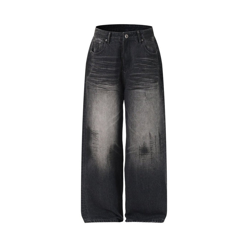 Wide-Leg-Baggy-Jeans – Verwaschene schwarze Distressed-Denim-Herrenjeans