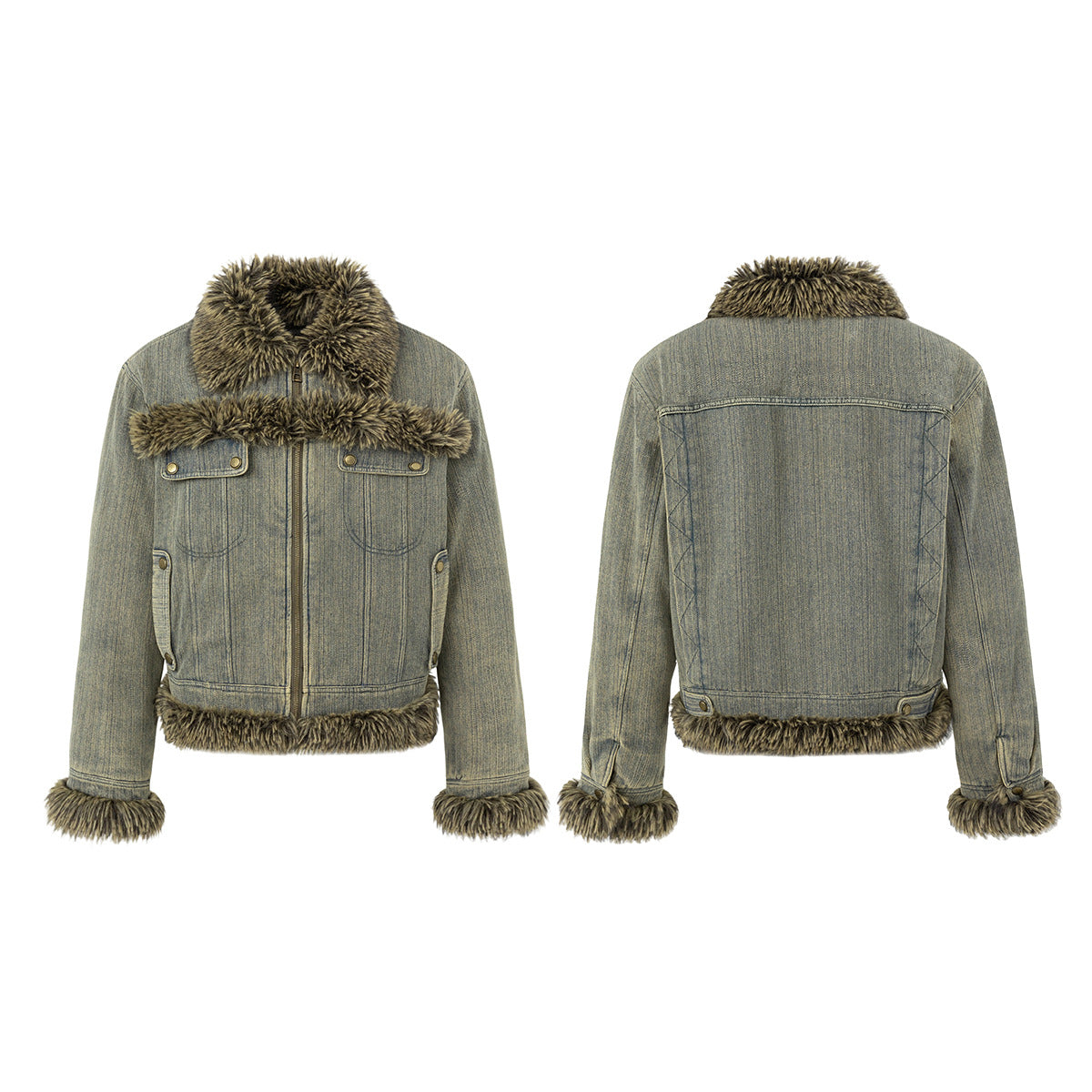 Washed Denim Fur-Trim Padded Jacket – Vintage American Moto Style