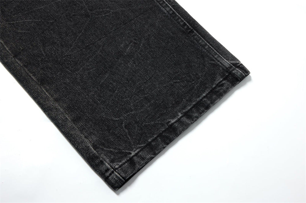 Men's Relaxed Fit Jeans – Washed Black Straight-Leg Rhinestone Star Denim