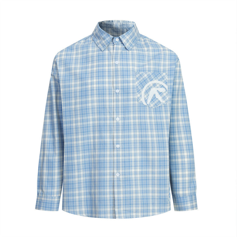 Men's long sleeve plaid button-up shirt with embroidered logo chest pocket in light blue tartan check