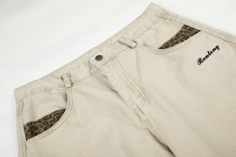 Pantalones de pierna ancha con paneles de estampado de leopardo – Pantalones banana de corte relajado