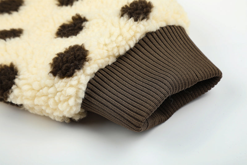 Polka Dot Sherpa Bomber Jacket with Faux Fur Hood Trim