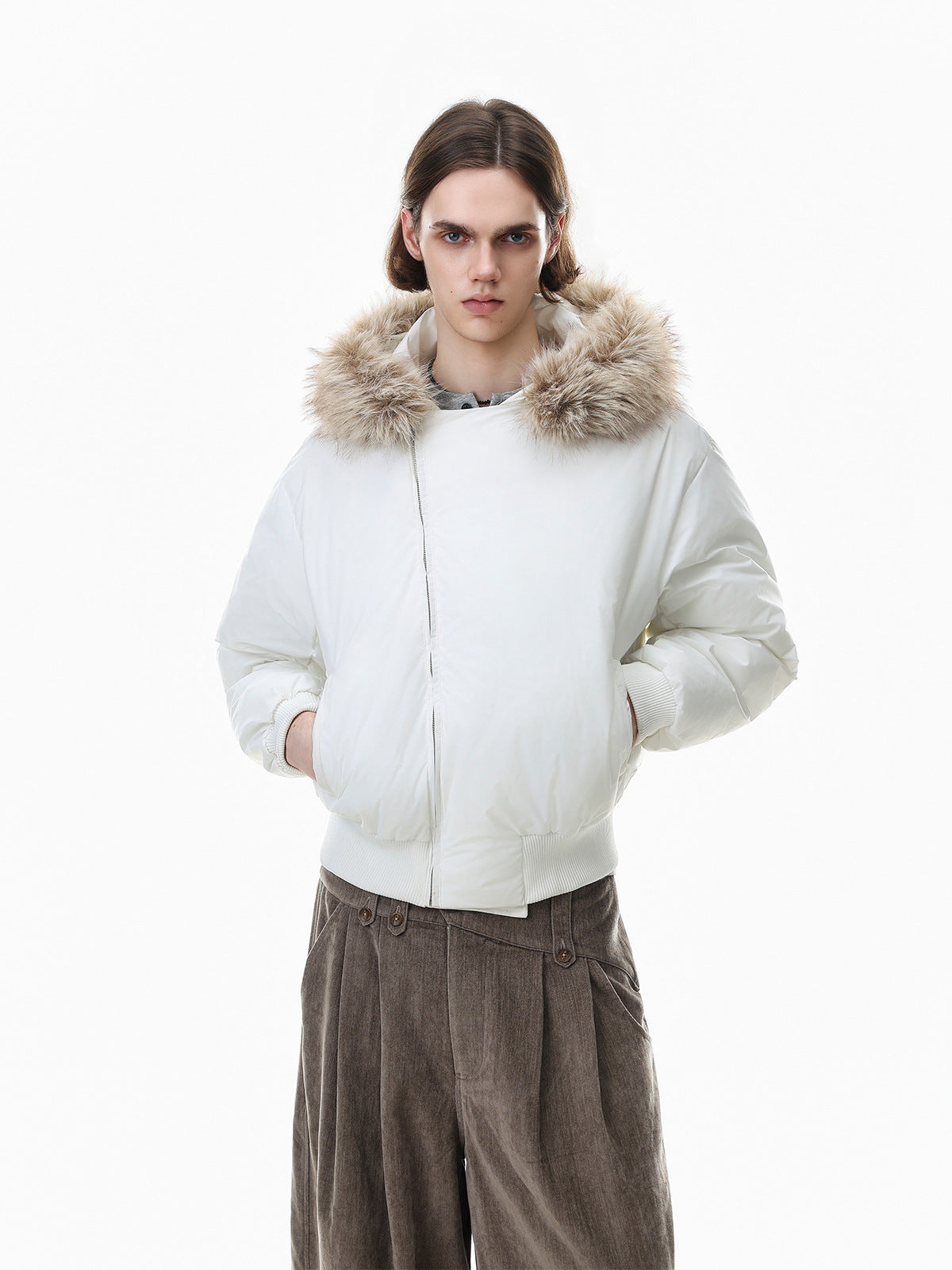 Fur-Trim Hooded Puffer Bomber Jacket – Cropped Padded Winter Coat