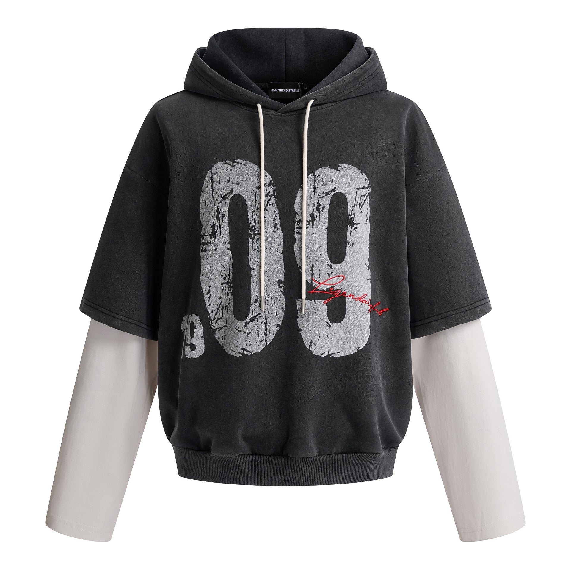 Sudadera de hombre con efecto de dos piezas – Gráfico desgastado «09» y estilo urbano lavado