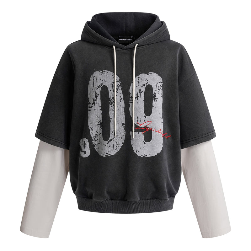 Sudadera de hombre con efecto de dos piezas – Gráfico desgastado «09» y estilo urbano lavado